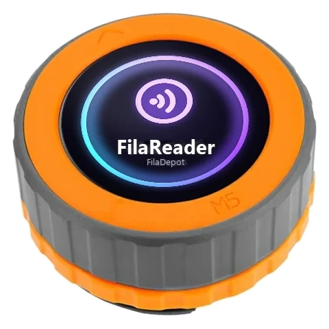 Le boîtier du FilaReader : un M5Stack Dial, le logo FilaReader à l’écran